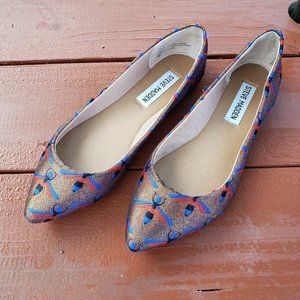 Steve Madden Womens 6.5 Haanna Bug Fly Fabric Red Blue Black Gold Flat Shoe